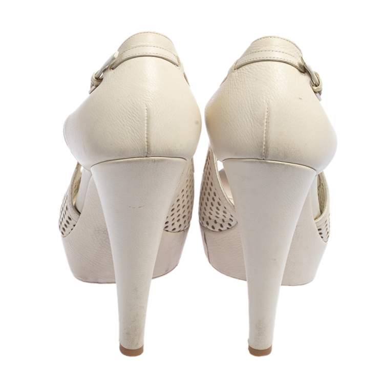 Pre Owned Saint Laurent Off White Perforated Leather Platform Open Toe Pumps Size 37