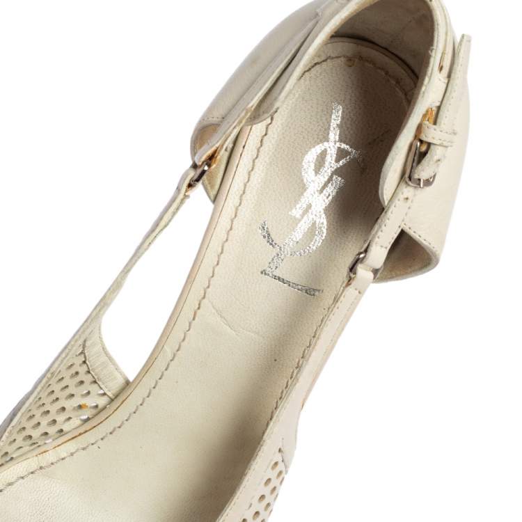Pre Owned Saint Laurent Off White Perforated Leather Platform Open Toe Pumps Size 37
