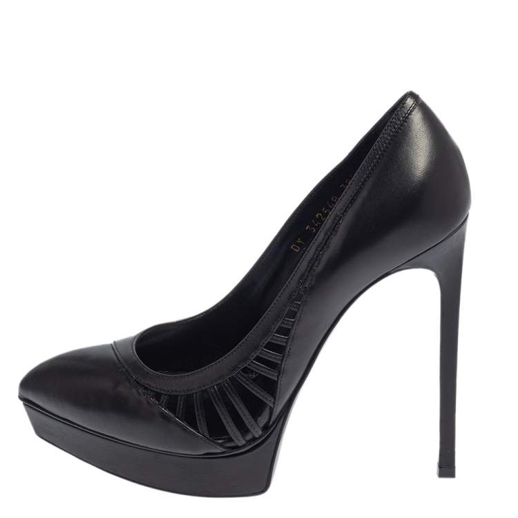 Pre Owned Saint Laurent Black Leather Janis Cutout Platform Pointed Toe Pumps Size 38.5