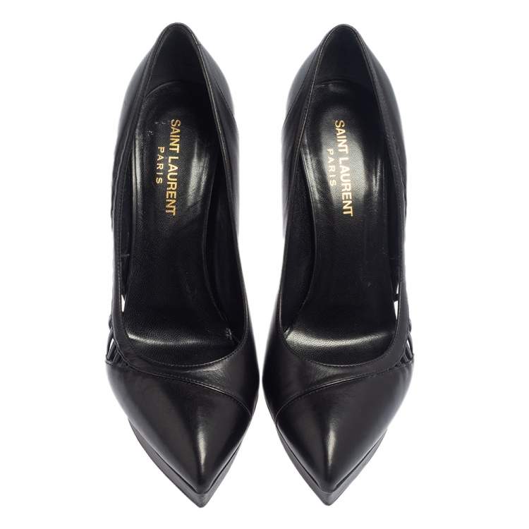 Pre Owned Saint Laurent Black Leather Janis Cutout Platform Pointed Toe Pumps Size 38.5