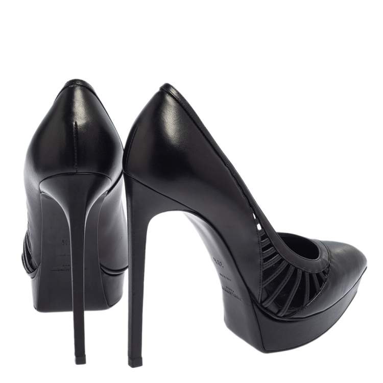 Pre Owned Saint Laurent Black Leather Janis Cutout Platform Pointed Toe Pumps Size 38.5
