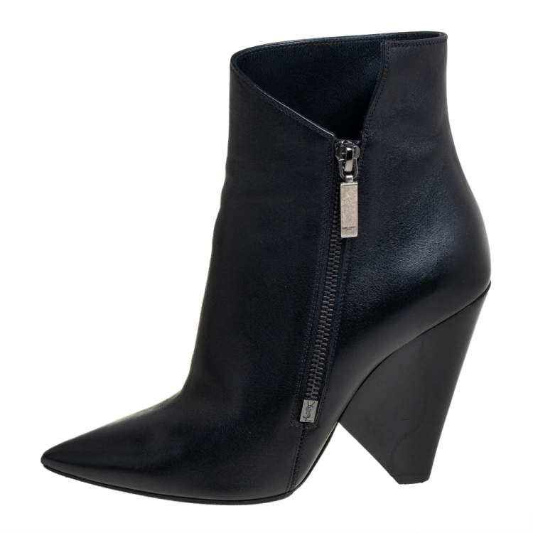 Pre Owned Saint Laurent Black Leather Pointed Toe Ankle Boots Size 37.5