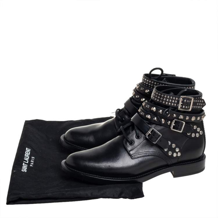 Pre Owned Saint Laurent Black Leather Studded Rangers Ankle Boots Size 39.5
