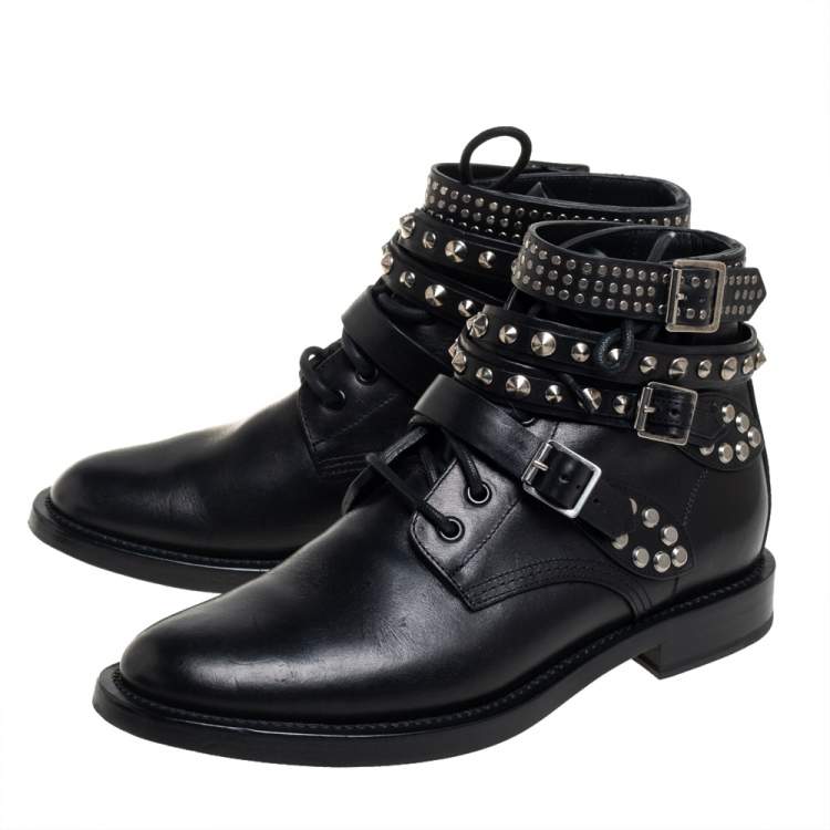 Pre Owned Saint Laurent Black Leather Studded Rangers Ankle Boots Size 39.5