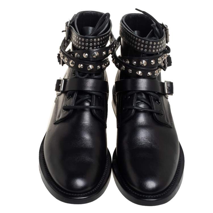 Pre Owned Saint Laurent Black Leather Studded Rangers Ankle Boots Size 39.5
