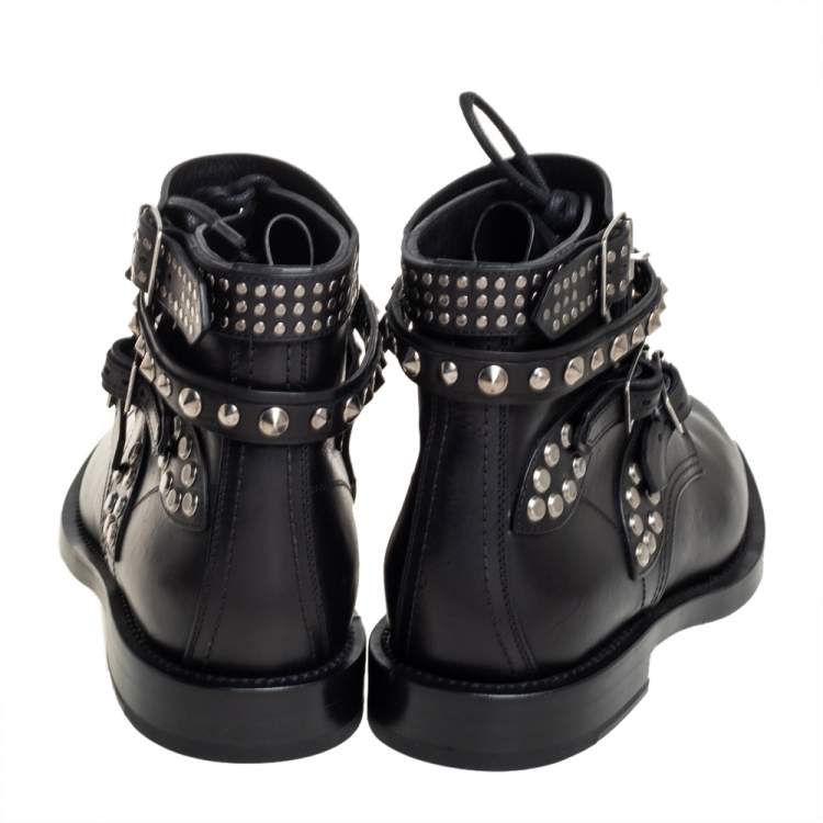 Pre Owned Saint Laurent Black Leather Studded Rangers Ankle Boots Size 39.5
