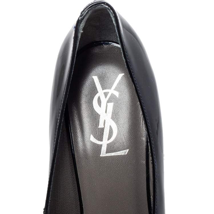 Pre Owned Saint Laurent Navy Blue Patent Leather Square Peep Toe Pumps Size 39