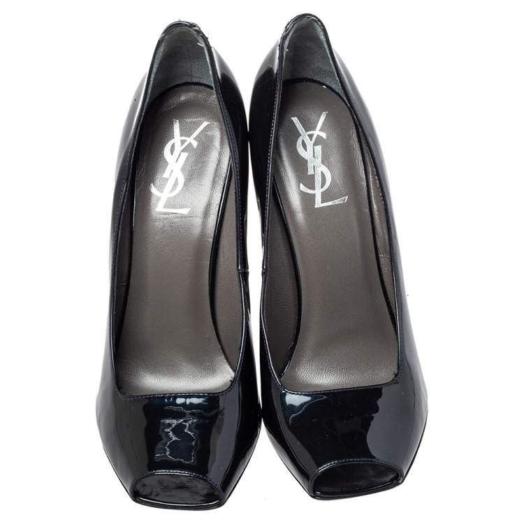 Pre Owned Saint Laurent Navy Blue Patent Leather Square Peep Toe Pumps Size 39