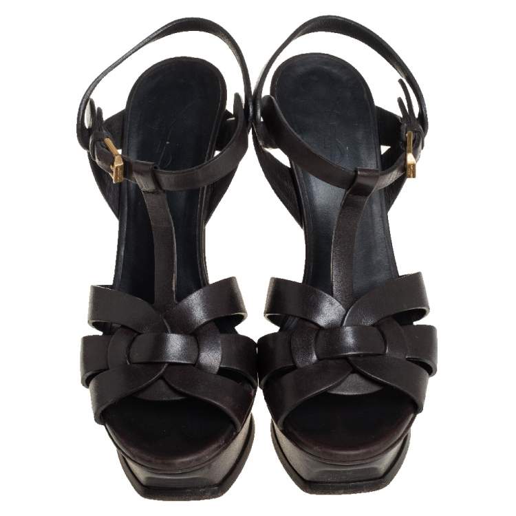 Pre Owned Saint Laurent Dark Brown Leather Tribute Sandals Size 37