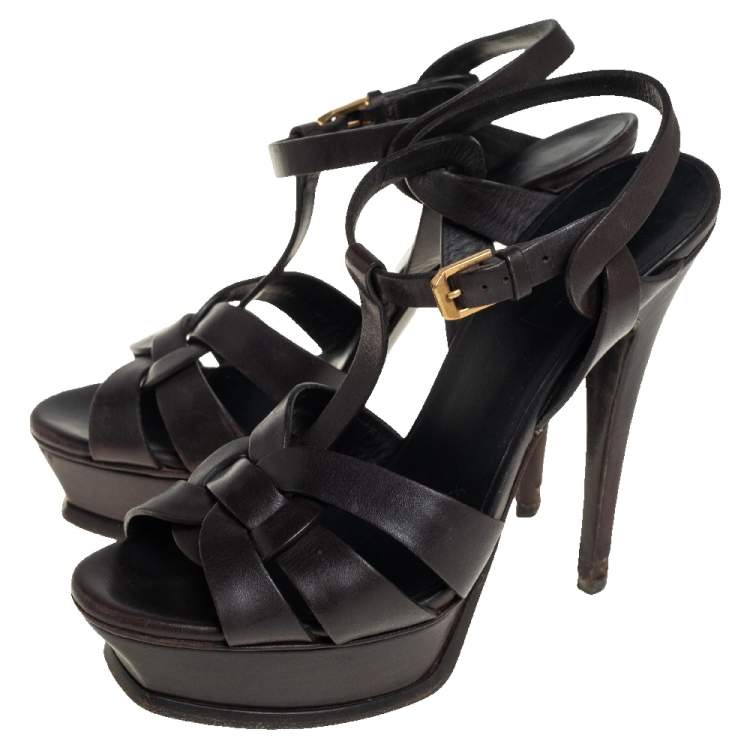 Pre Owned Saint Laurent Dark Brown Leather Tribute Sandals Size 37