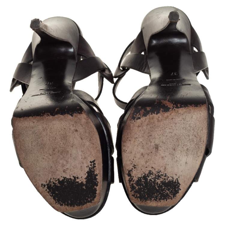 Pre Owned Saint Laurent Dark Brown Leather Tribute Sandals Size 37