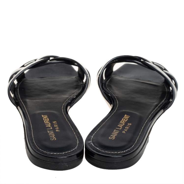 Pre Owned Saint Laurent Black Patent Leather Tribute Flat Slides Size 37