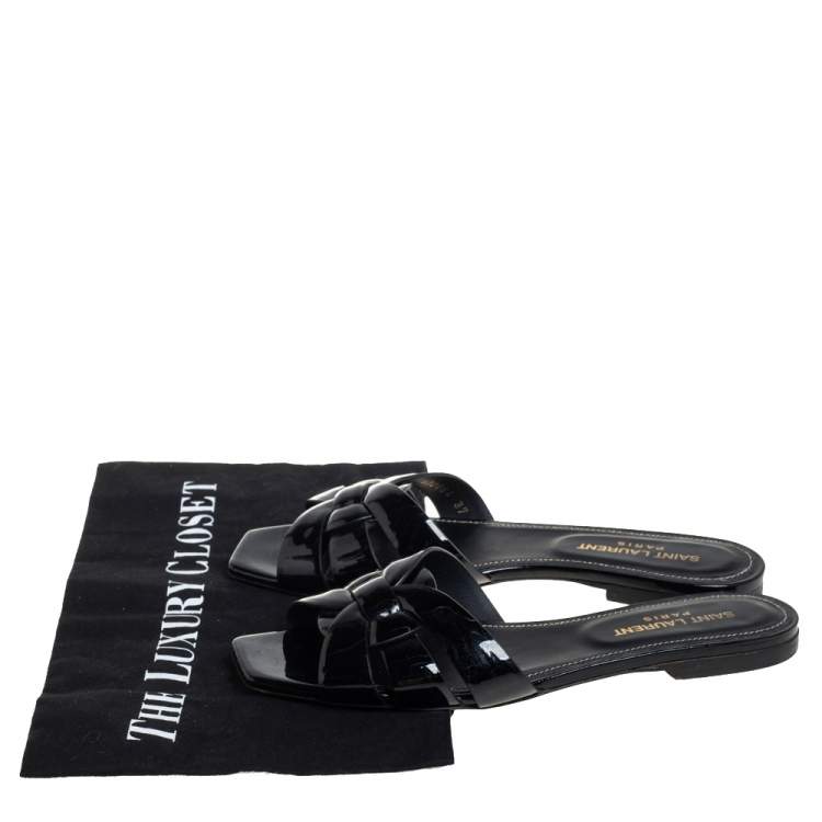 Pre Owned Saint Laurent Black Patent Leather Tribute Flat Slides Size 37