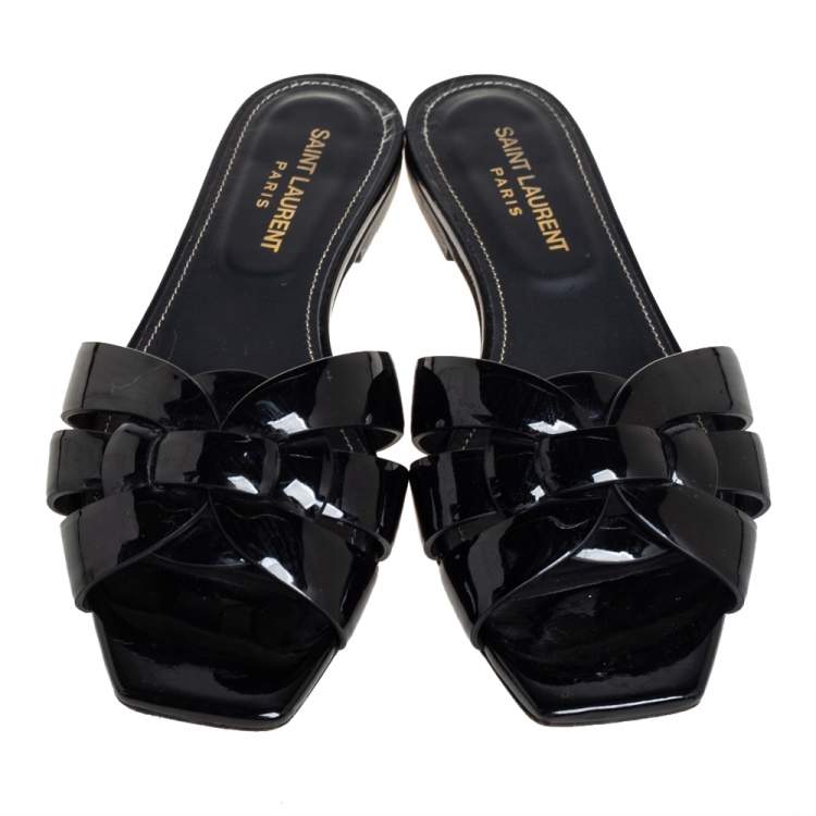 Pre Owned Saint Laurent Black Patent Leather Tribute Flat Slides Size 37