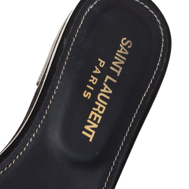 Pre Owned Saint Laurent Black Patent Leather Tribute Flat Slides Size 37