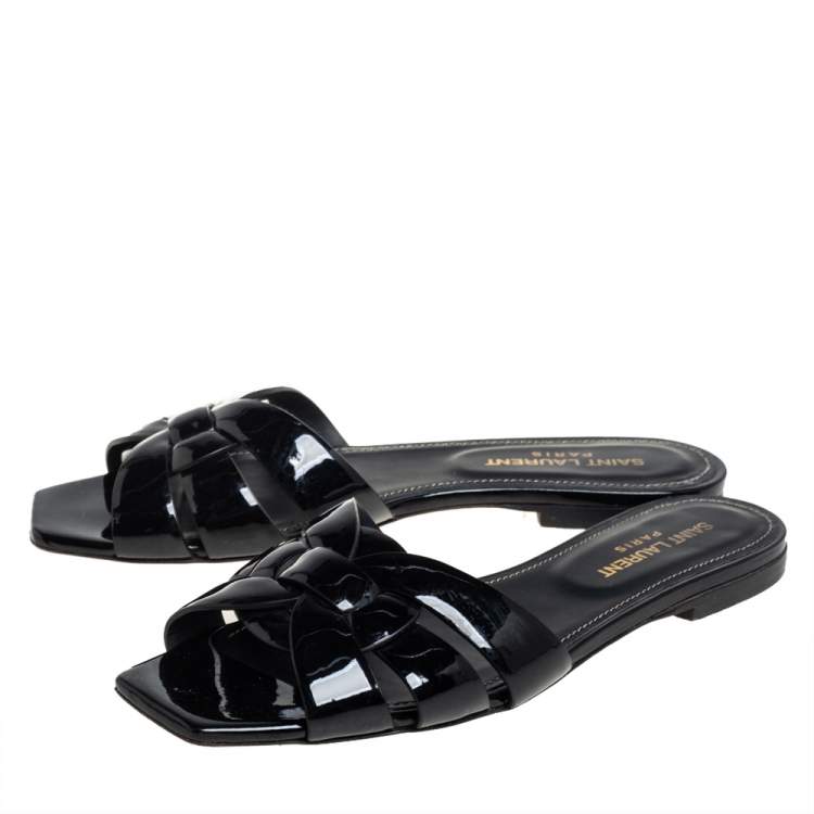 Pre Owned Saint Laurent Black Patent Leather Tribute Flat Slides Size 37