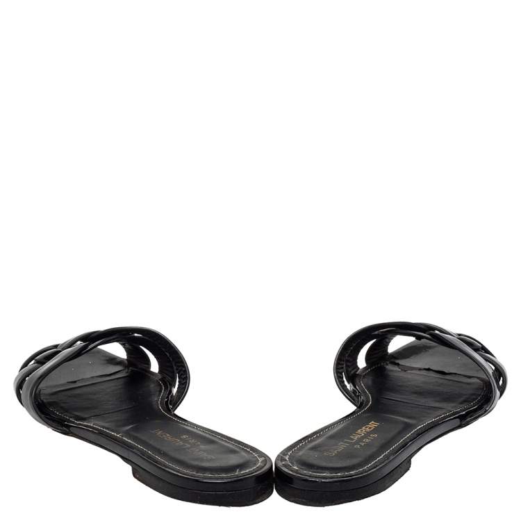 Pre Owned Saint Laurent Patent Leather Tribute Flat Slides Size 39