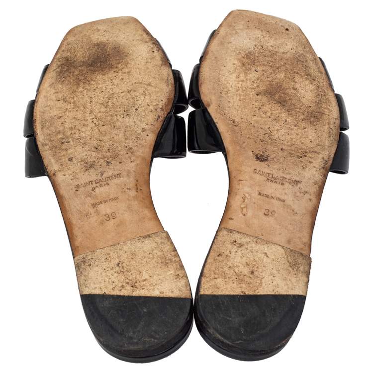 Pre Owned Saint Laurent Patent Leather Tribute Flat Slides Size 39