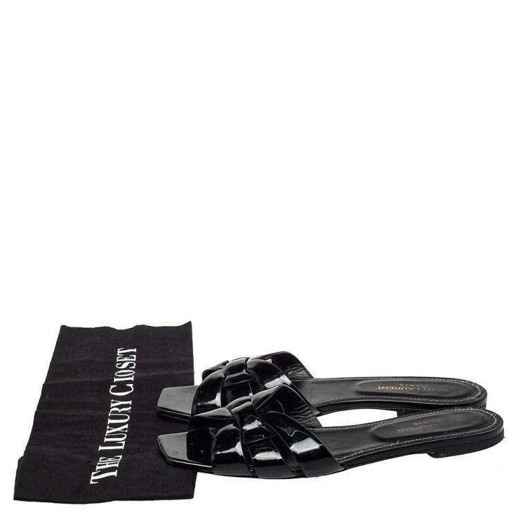 Pre Owned Saint Laurent Patent Leather Tribute Flat Slides Size 39