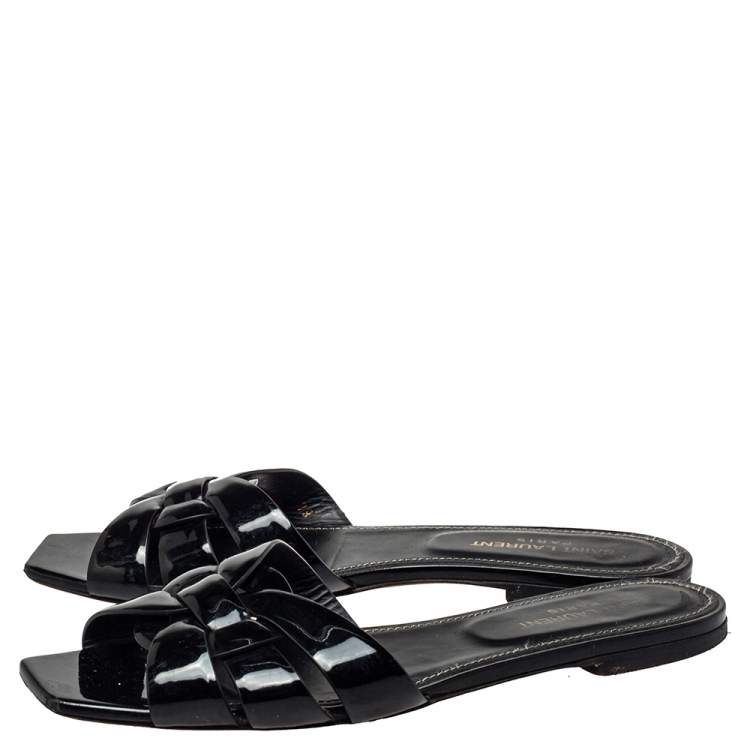 Pre Owned Saint Laurent Patent Leather Tribute Flat Slides Size 39