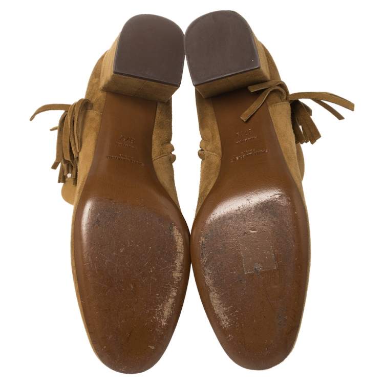Pre Owned Saint Laurent Paris Tan Suede Fringe Ankle Boots Size 37.5