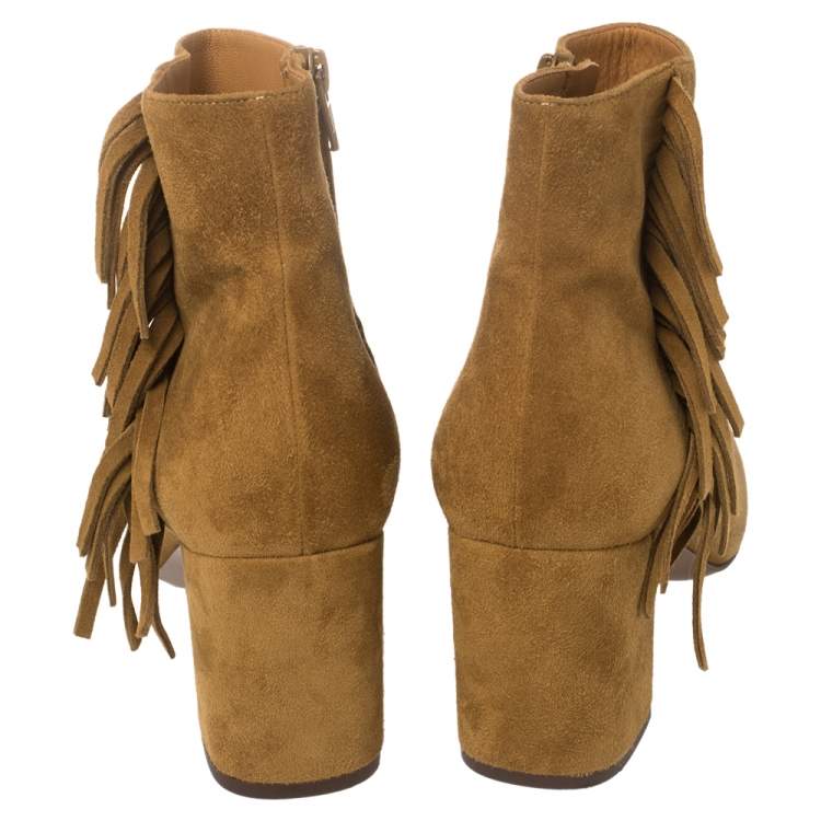 Pre Owned Saint Laurent Paris Tan Suede Fringe Ankle Boots Size 37.5