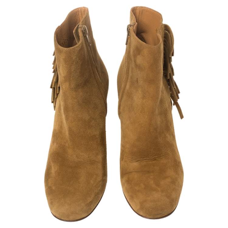 Pre Owned Saint Laurent Paris Tan Suede Fringe Ankle Boots Size 37.5