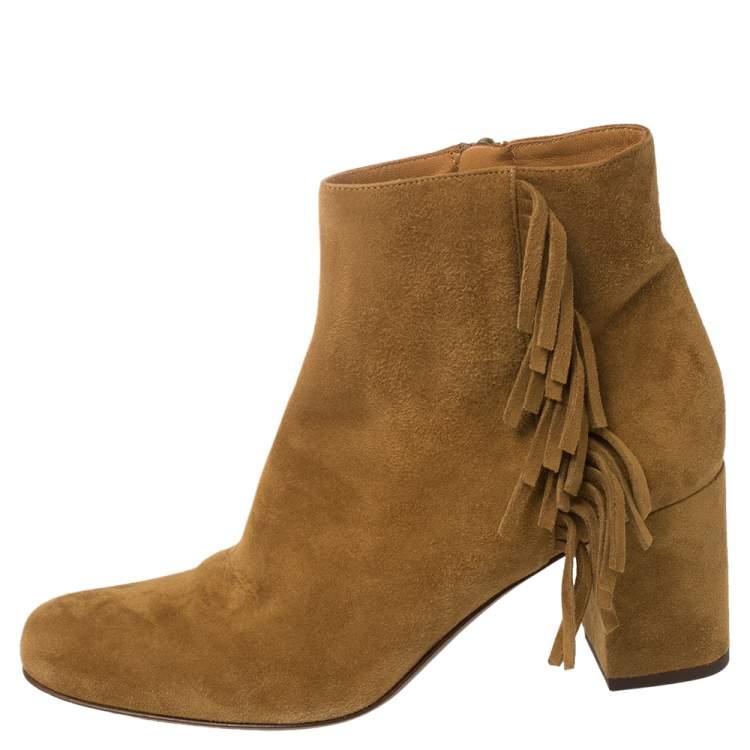 Pre Owned Saint Laurent Paris Tan Suede Fringe Ankle Boots Size 37.5