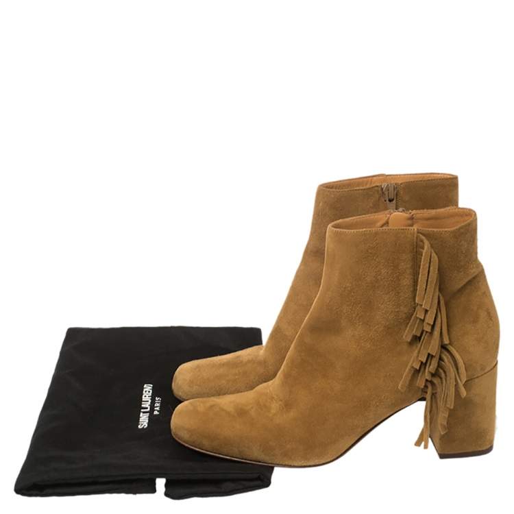 Pre Owned Saint Laurent Paris Tan Suede Fringe Ankle Boots Size 37.5