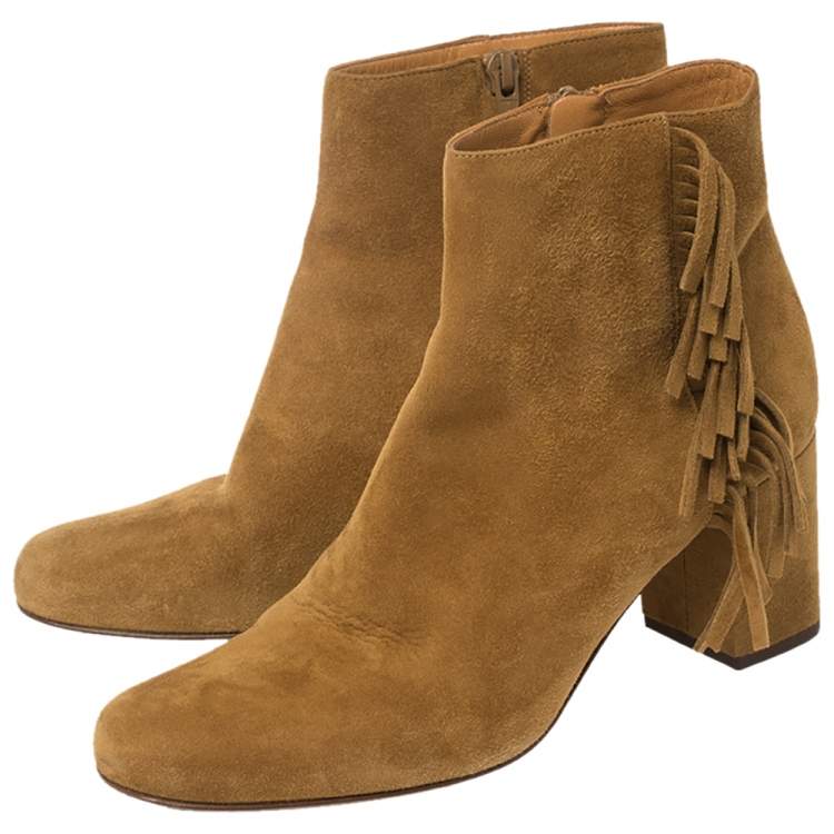 Pre Owned Saint Laurent Paris Tan Suede Fringe Ankle Boots Size 37.5