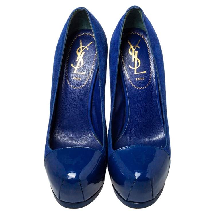 Pre Owned Saint Laurent Blue Suede And Patent Leather Tribtoo Pumps Size 35.5