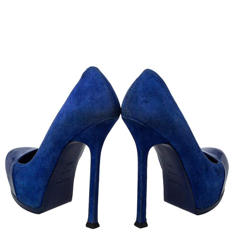 Pre Owned Saint Laurent Blue Suede And Patent Leather Tribtoo Pumps Size 35.5