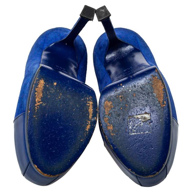 Pre Owned Saint Laurent Blue Suede And Patent Leather Tribtoo Pumps Size 35.5