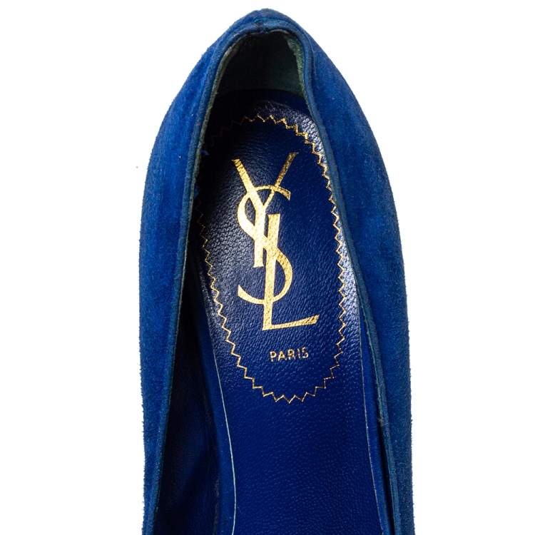 Pre Owned Saint Laurent Blue Suede And Patent Leather Tribtoo Pumps Size 35.5