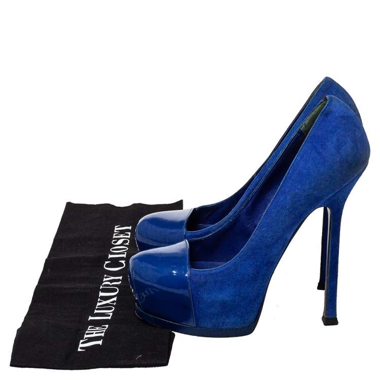 Pre Owned Saint Laurent Blue Suede And Patent Leather Tribtoo Pumps Size 35.5
