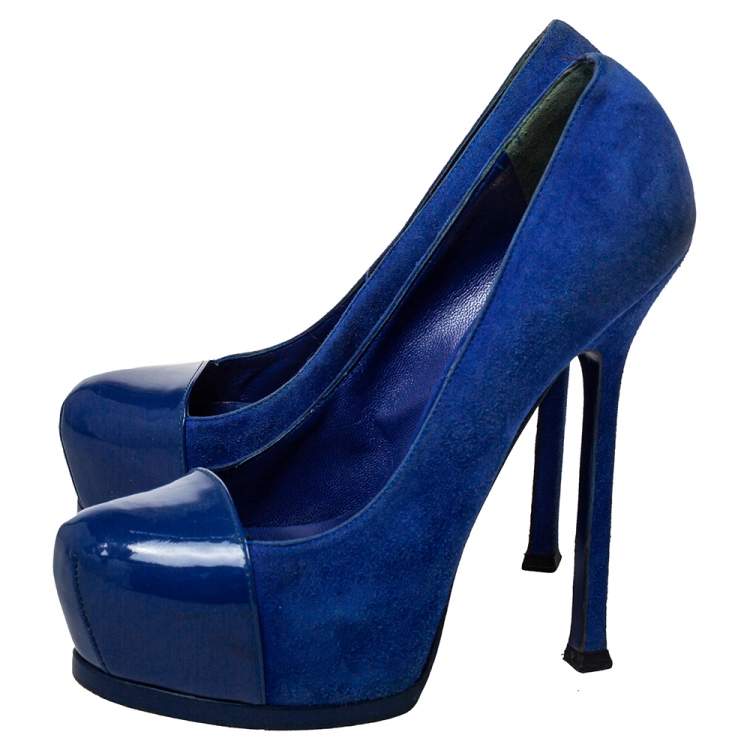 Pre Owned Saint Laurent Blue Suede And Patent Leather Tribtoo Pumps Size 35.5