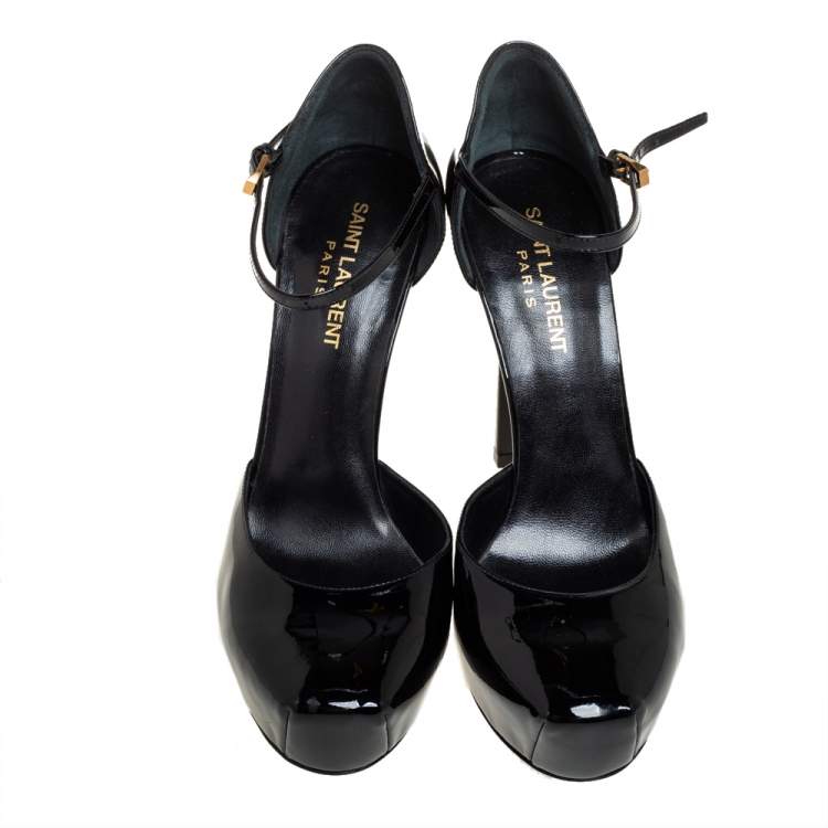 Pre Owned Saint Laurent Black Patent Leather Platform D'Orsay Ankle Strap Pumps  Size 38.5