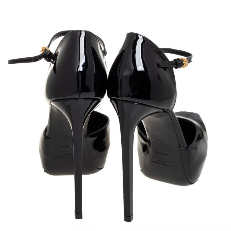 Pre Owned Saint Laurent Black Patent Leather Platform D'Orsay Ankle Strap Pumps  Size 38.5