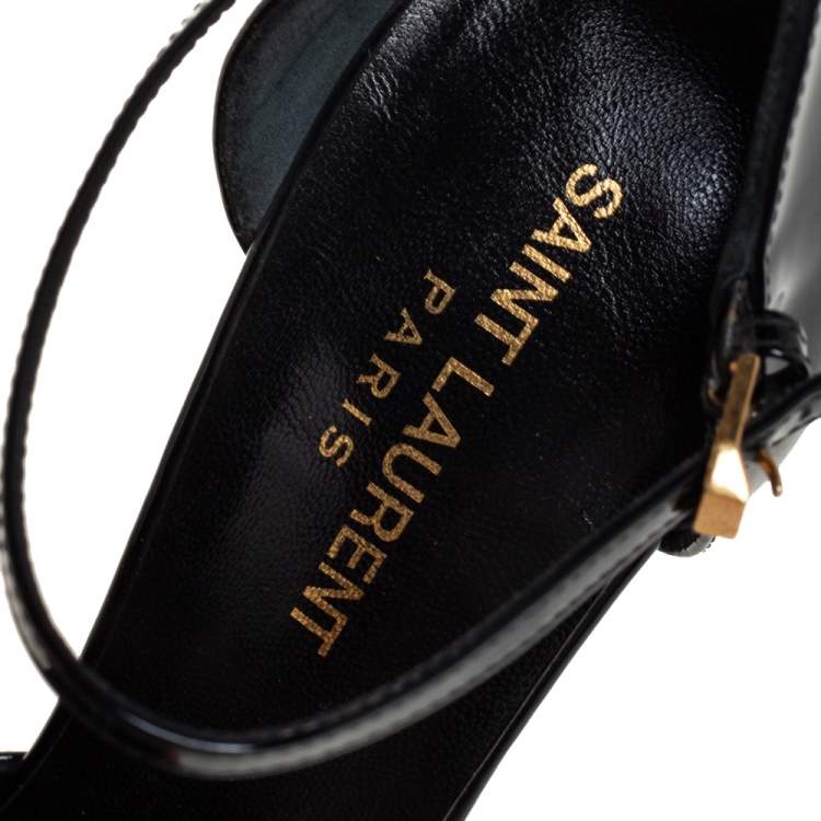 Pre Owned Saint Laurent Black Patent Leather Platform D'Orsay Ankle Strap Pumps  Size 38.5