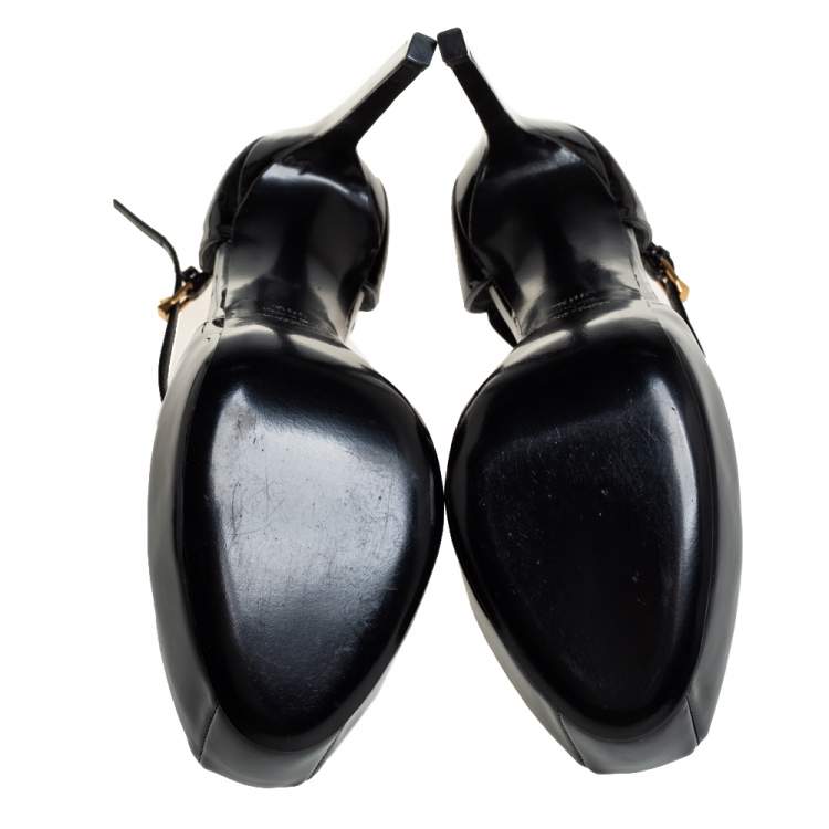 Pre Owned Saint Laurent Black Patent Leather Platform D'Orsay Ankle Strap Pumps  Size 38.5