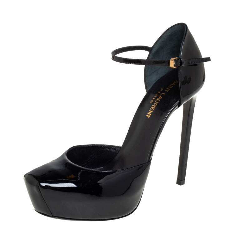 Pre Owned Saint Laurent Black Patent Leather Platform D'Orsay Ankle Strap Pumps  Size 38.5