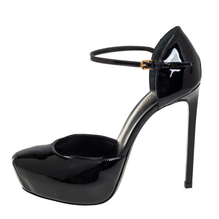 Pre Owned Saint Laurent Black Patent Leather Platform D'Orsay Ankle Strap Pumps  Size 38.5