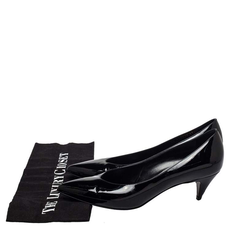 Pre Owned Saint Laurent Black Patent Leather Kitten Heel Pumps Size 37.5