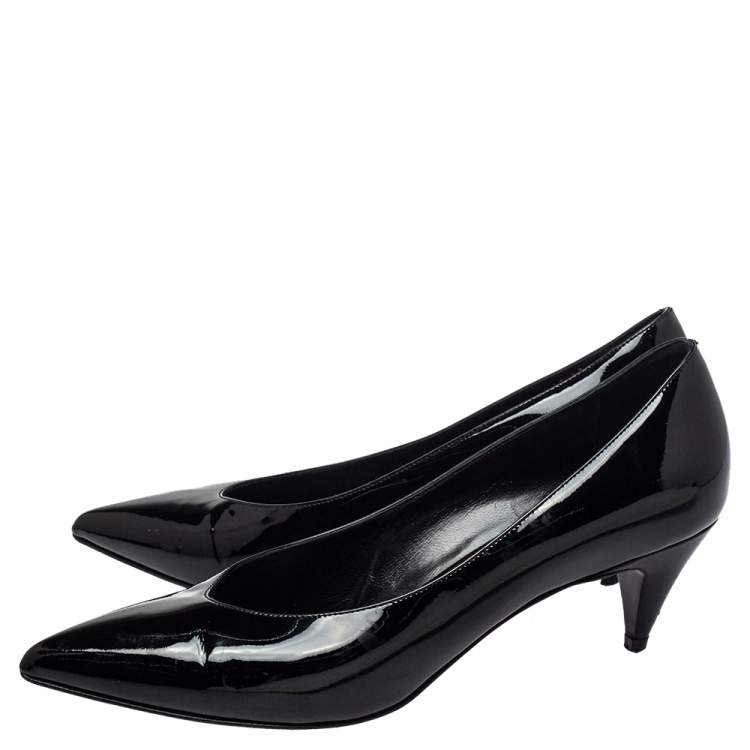 Pre Owned Saint Laurent Black Patent Leather Kitten Heel Pumps Size 37.5