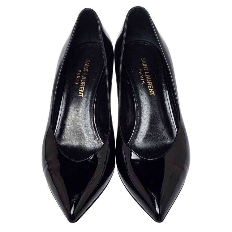 Pre Owned Saint Laurent Black Patent Leather Kitten Heel Pumps Size 37.5