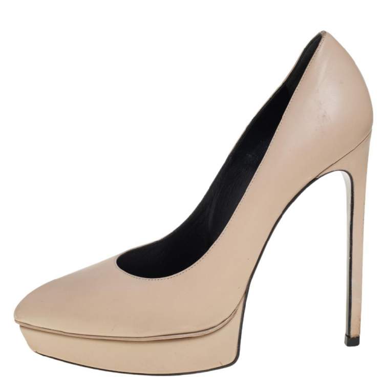 Pre Owned Saint Laurent  Cream Leather Janis Platform Pump Size 37