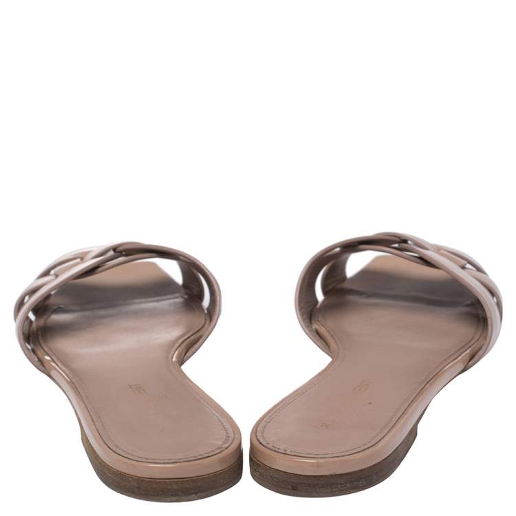 Pre Owned Saint Laurent Beige Patent Leather Tribute Flats Size 39.5