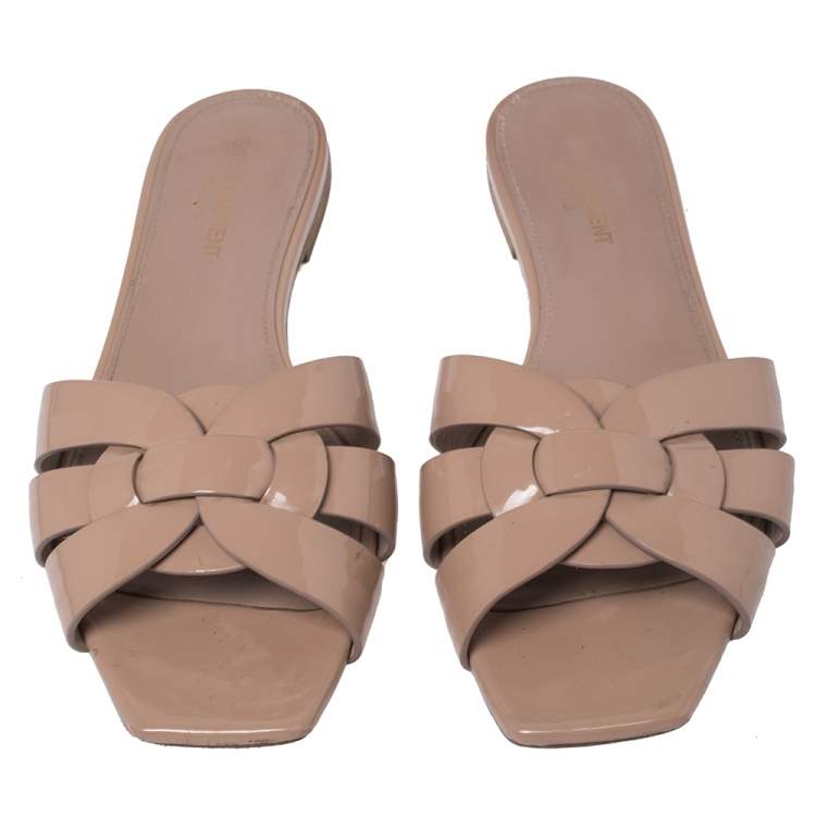 Pre Owned Saint Laurent Beige Patent Leather Tribute Flats Size 39.5