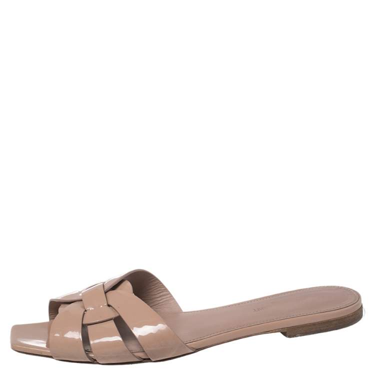 Pre Owned Saint Laurent Beige Patent Leather Tribute Flats Size 39.5