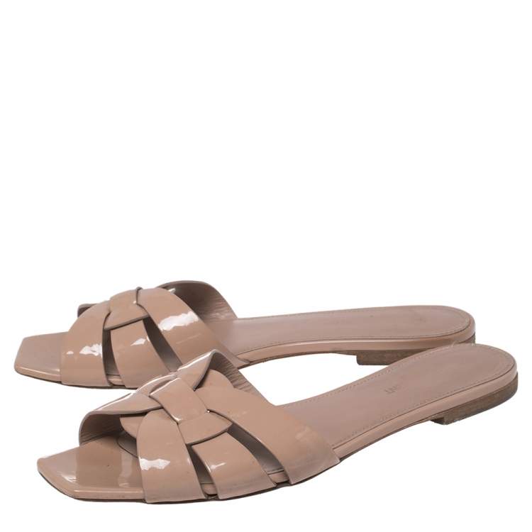 Pre Owned Saint Laurent Beige Patent Leather Tribute Flats Size 39.5